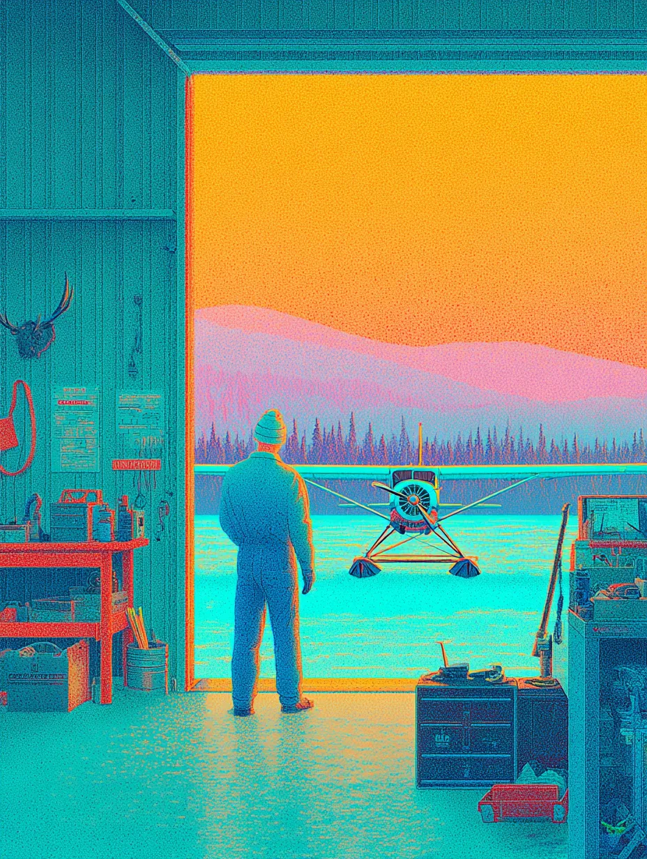 An illustrated figure stands in the open doorway of a Canadian hangar at dusk, looking out at a float plane on a lake with mountains in the distance.