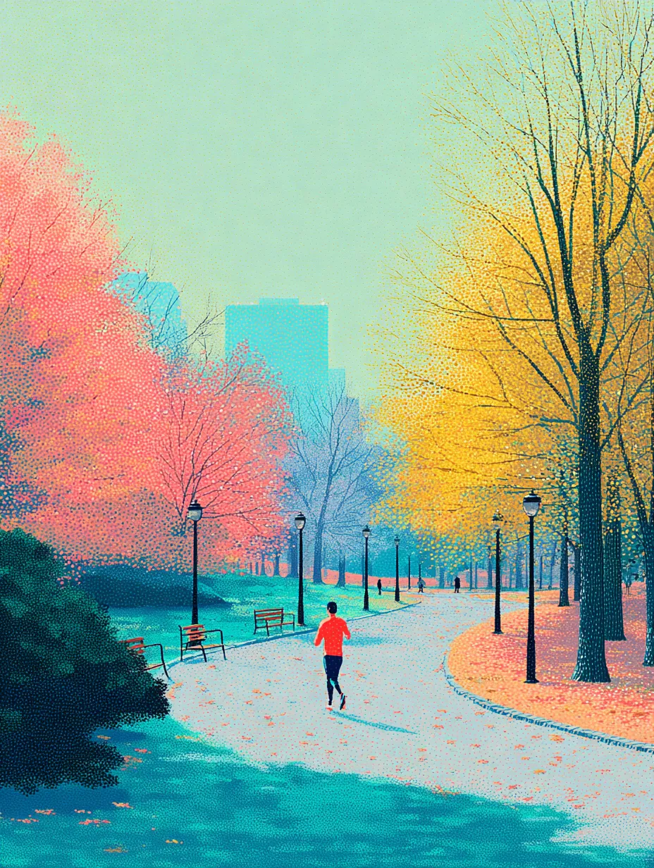 A solo runner on an autumn city park path, surrounded by pink and yellow trees