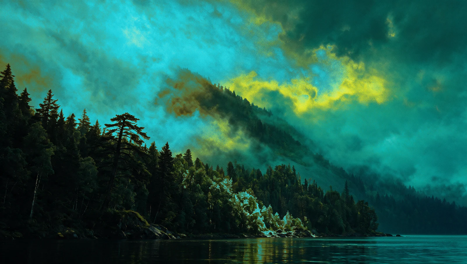 Une montagne boisée au-dessus d’un lac calme, parmi des nuages turquoise et dorés.