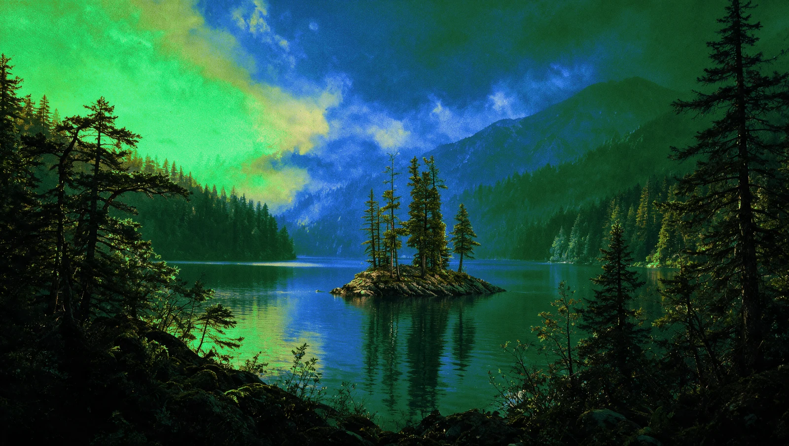 Un petit îlot couvert de pins se reflétant dans un lac de montagne sous un ciel lumineux.