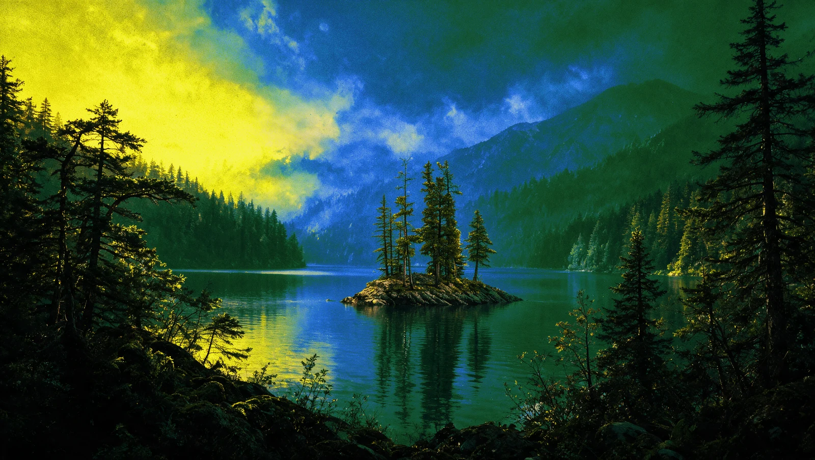 A pine-covered island reflected in a mountain lake beneath golden clouds.