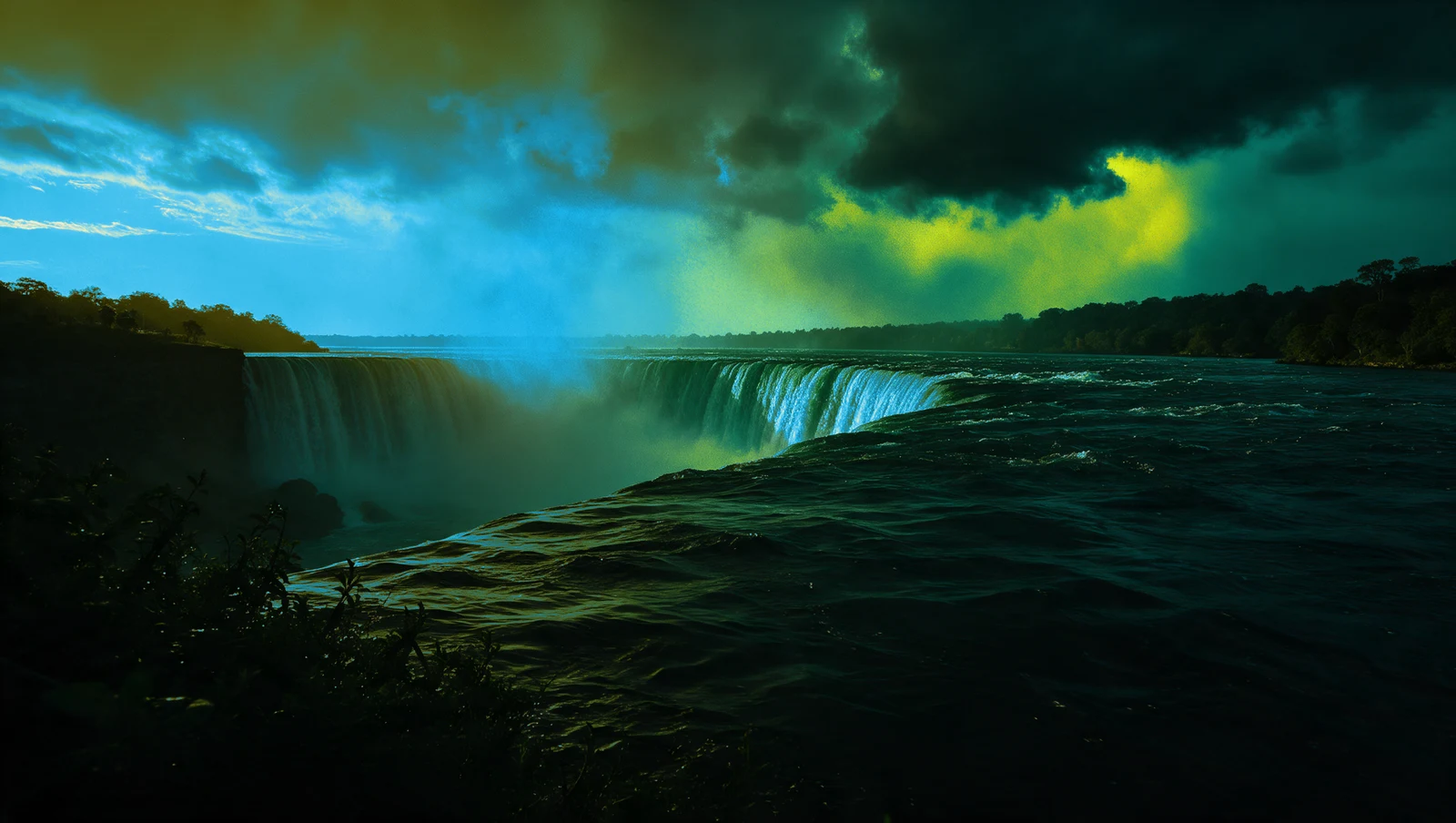 Une large chute d’eau sous un ciel spectaculaire turquoise et doré.