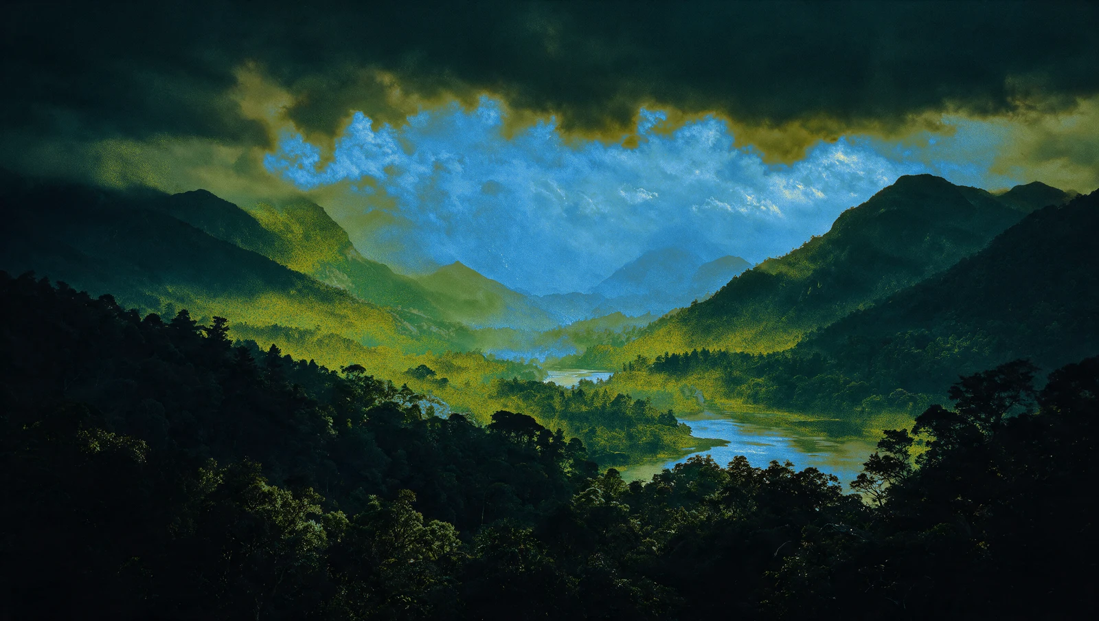 A sunlit valley framed by dark wooded hills beneath blue and golden clouds.