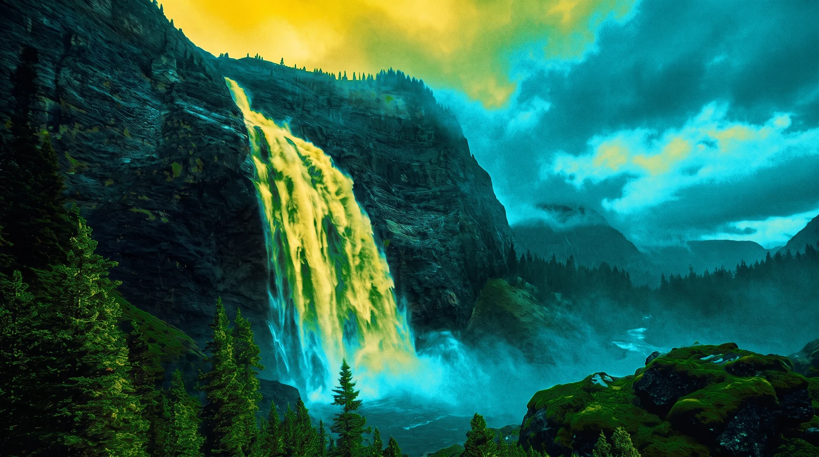 Une cascade dévalant une falaise boisée dans une brume turquoise.