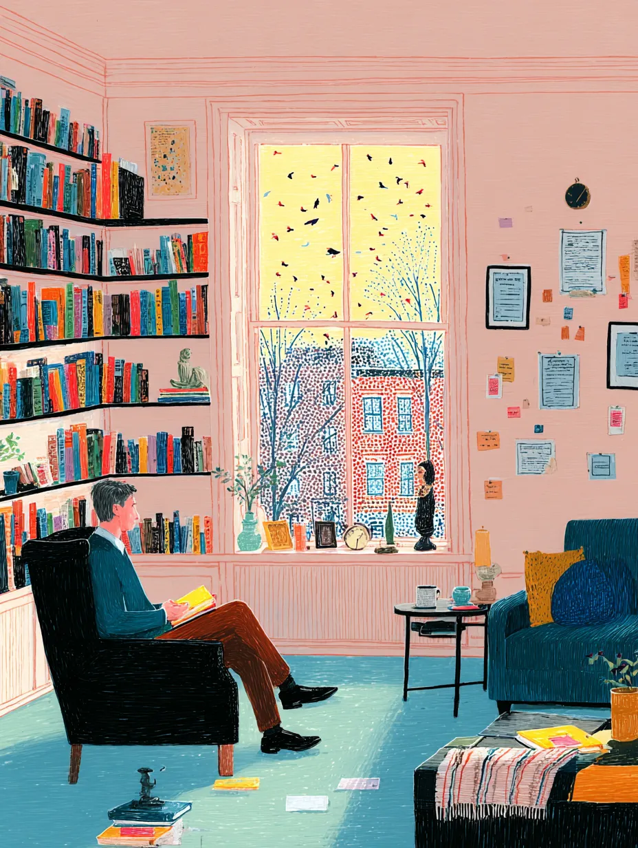 An illustrated therapist's office in soft pink — a man seated in an armchair takes notes, with floor-to-ceiling bookshelves and a tall window onto a Canadian rowhouse street with bare trees and birds.
