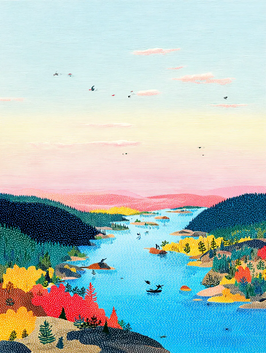 Vue aérienne illustrée d'un cours d'eau du Bouclier canadien en automne — un canot solitaire sur l'eau bleue serpentant entre des collines pointillées de rouge, d'or et de conifères sous un ciel rose à l'aube.