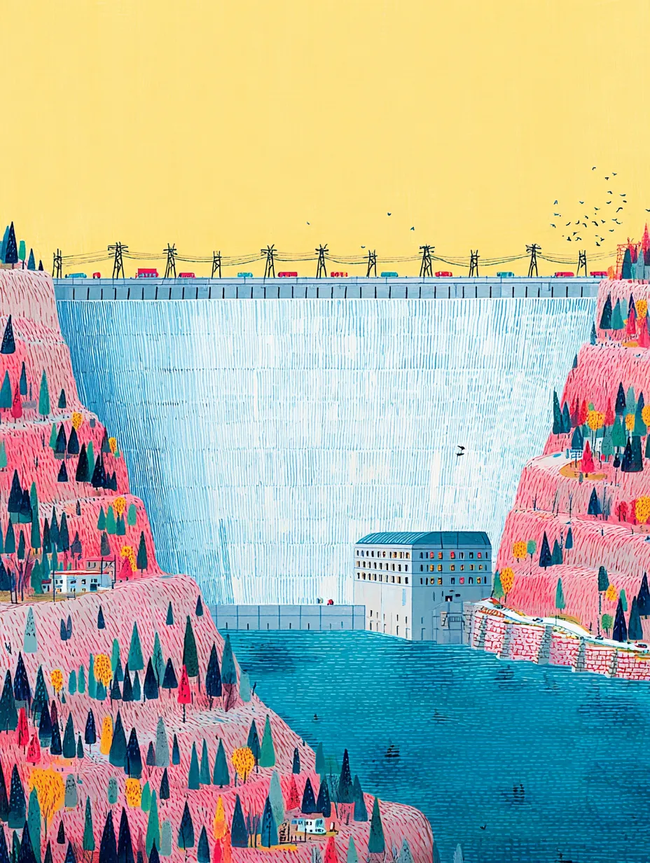 Illustration of a Canadian hydroelectric dam between autumn hillsides, power lines crossing the crest