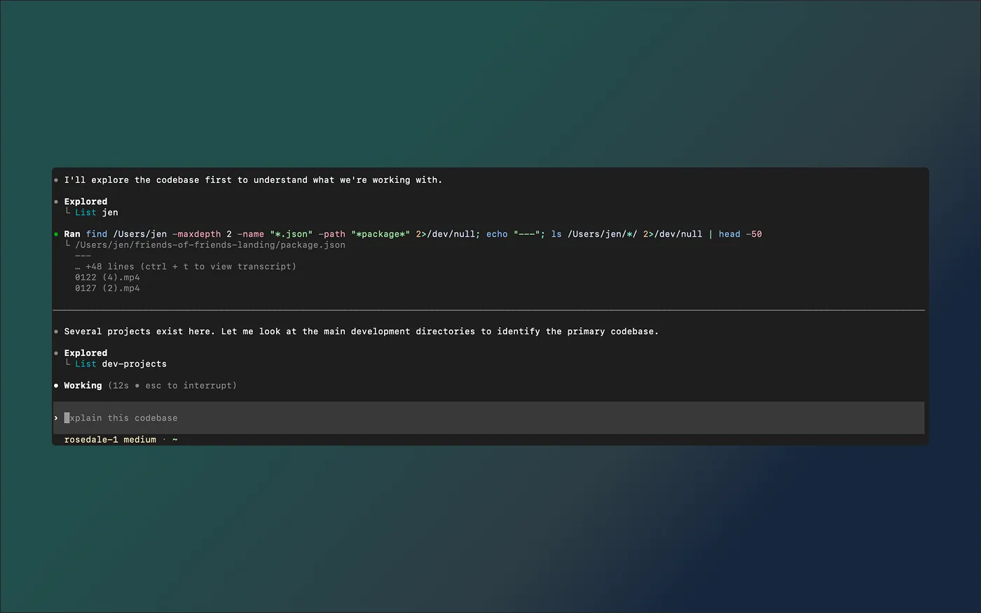 An Augure Code session exploring a codebase: the agent lists directories, runs find commands, and narrates its plan before answering "explain this codebase".