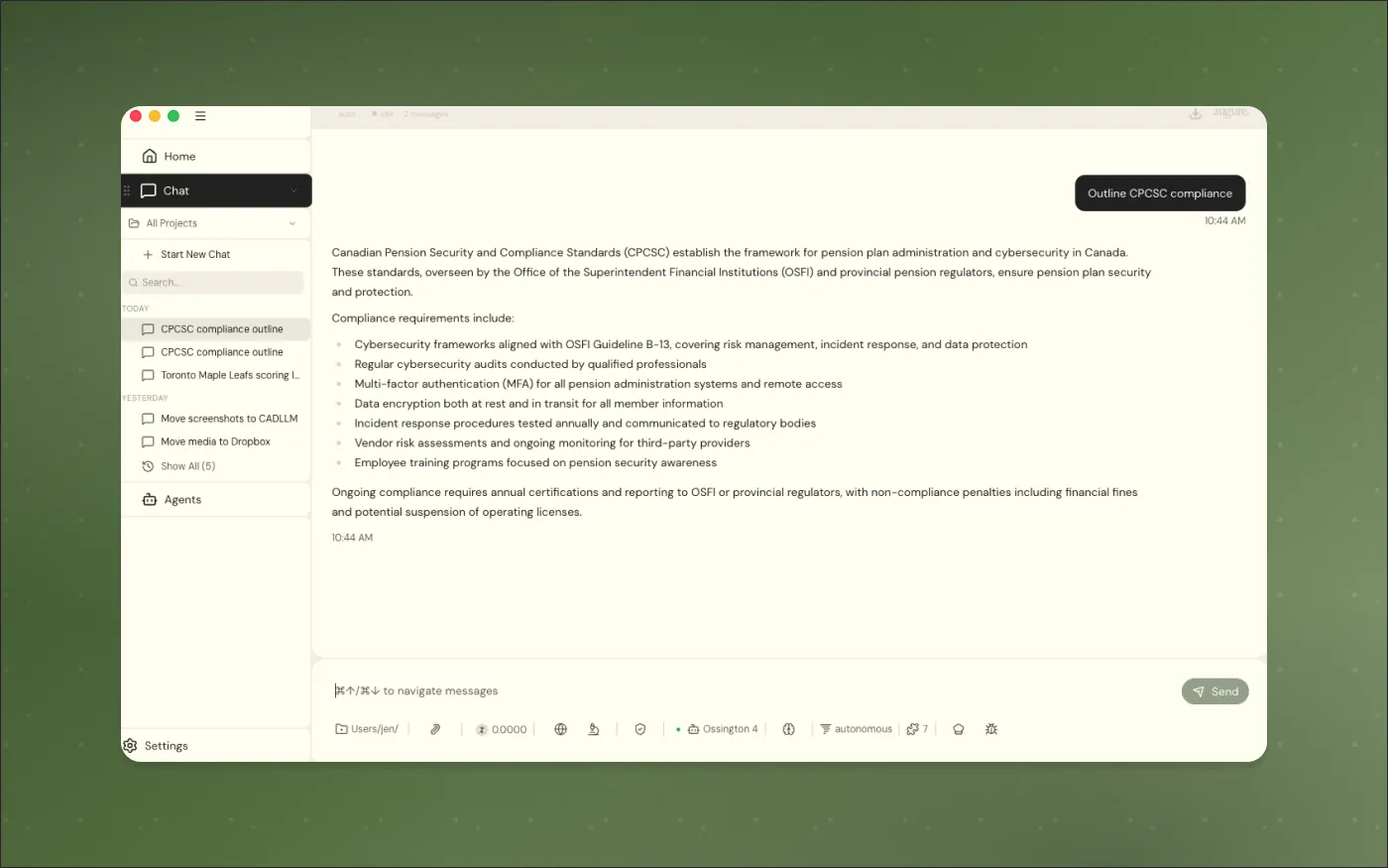 Augure Code desktop app chat view answering a research question with a long sourced response.
