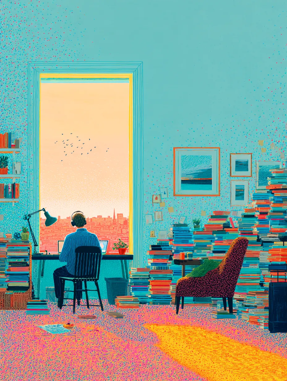 A home office at sunset with a person at a desk, headphones on, surrounded by stacks of books