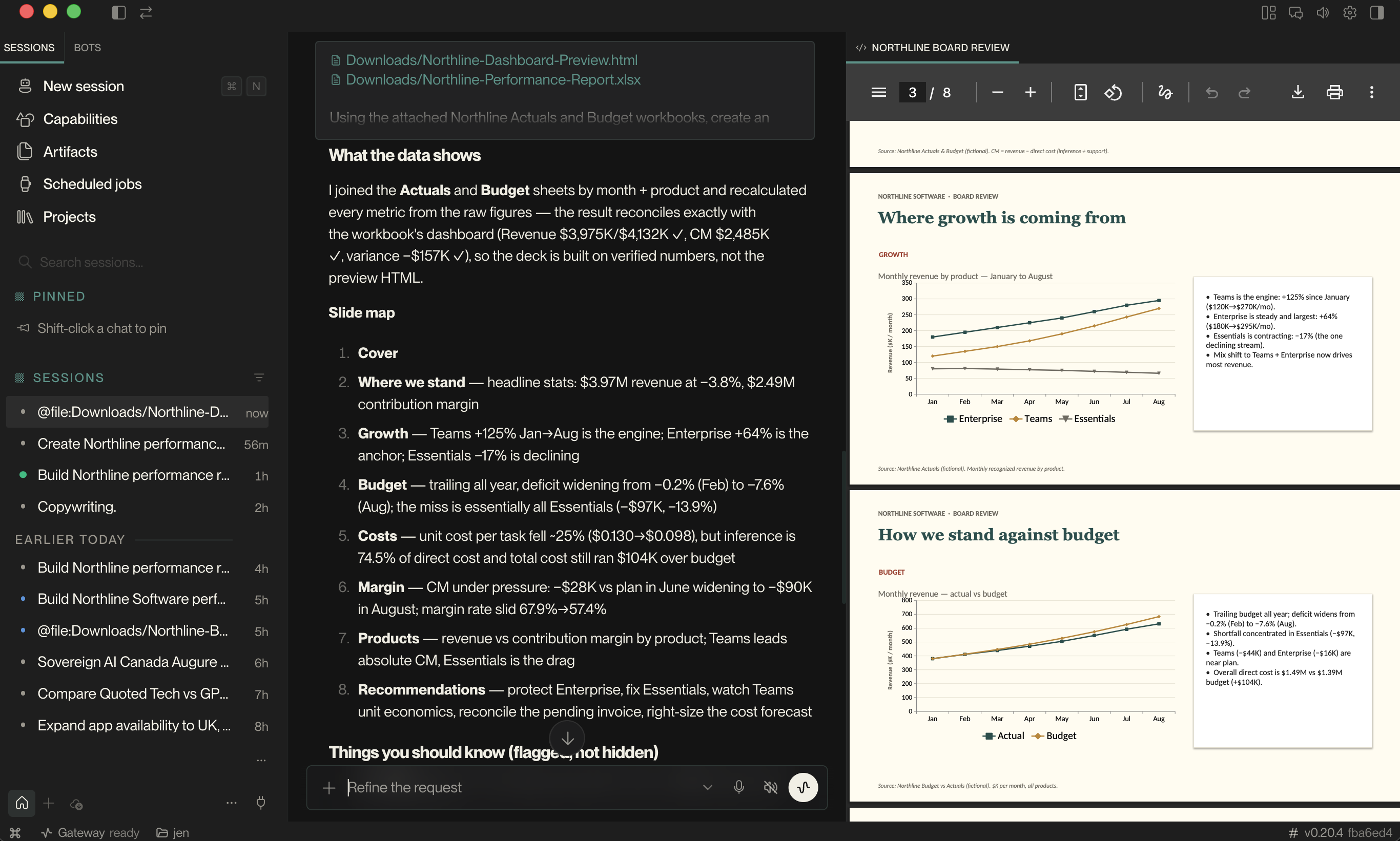 From workbook analysis to a board presentation, with the PDF preview open.