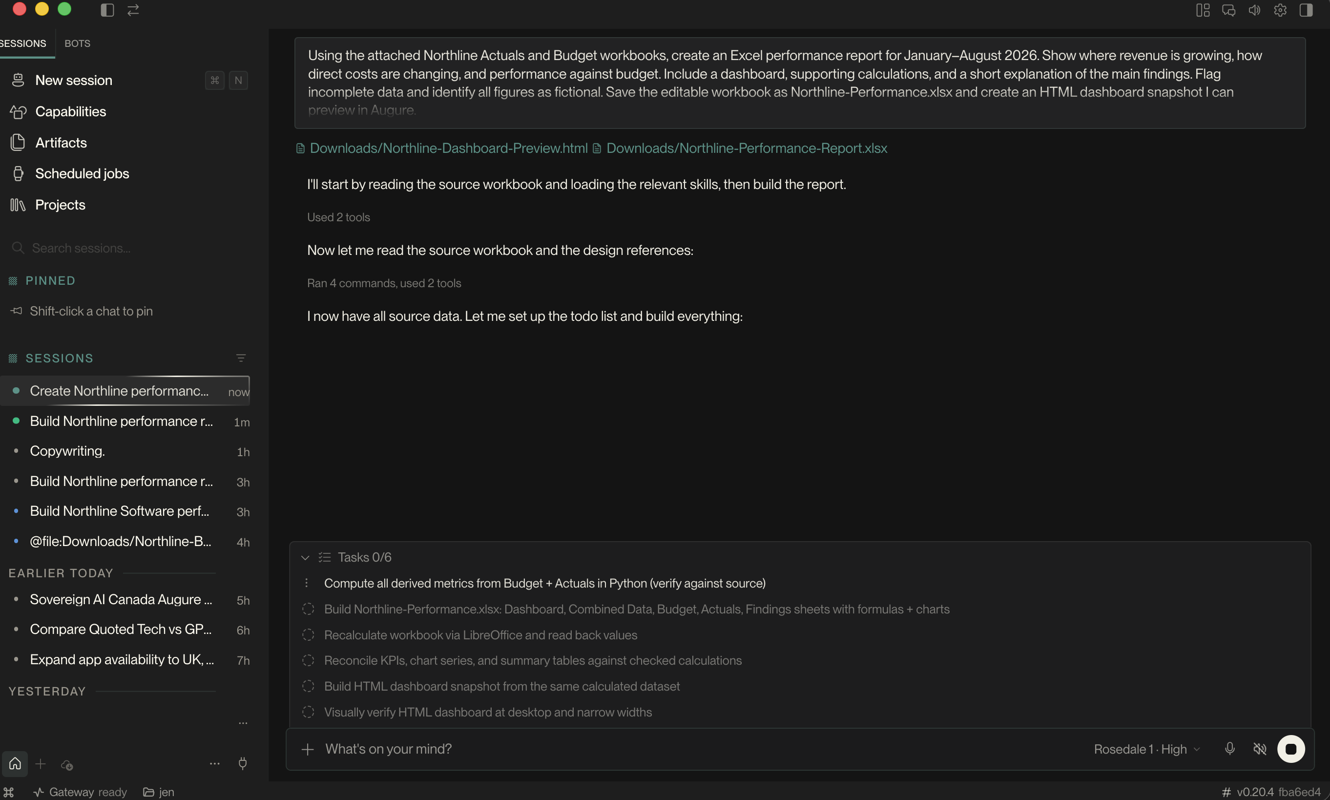 Augure reads the files, loads guidance, and works through a visible task list.