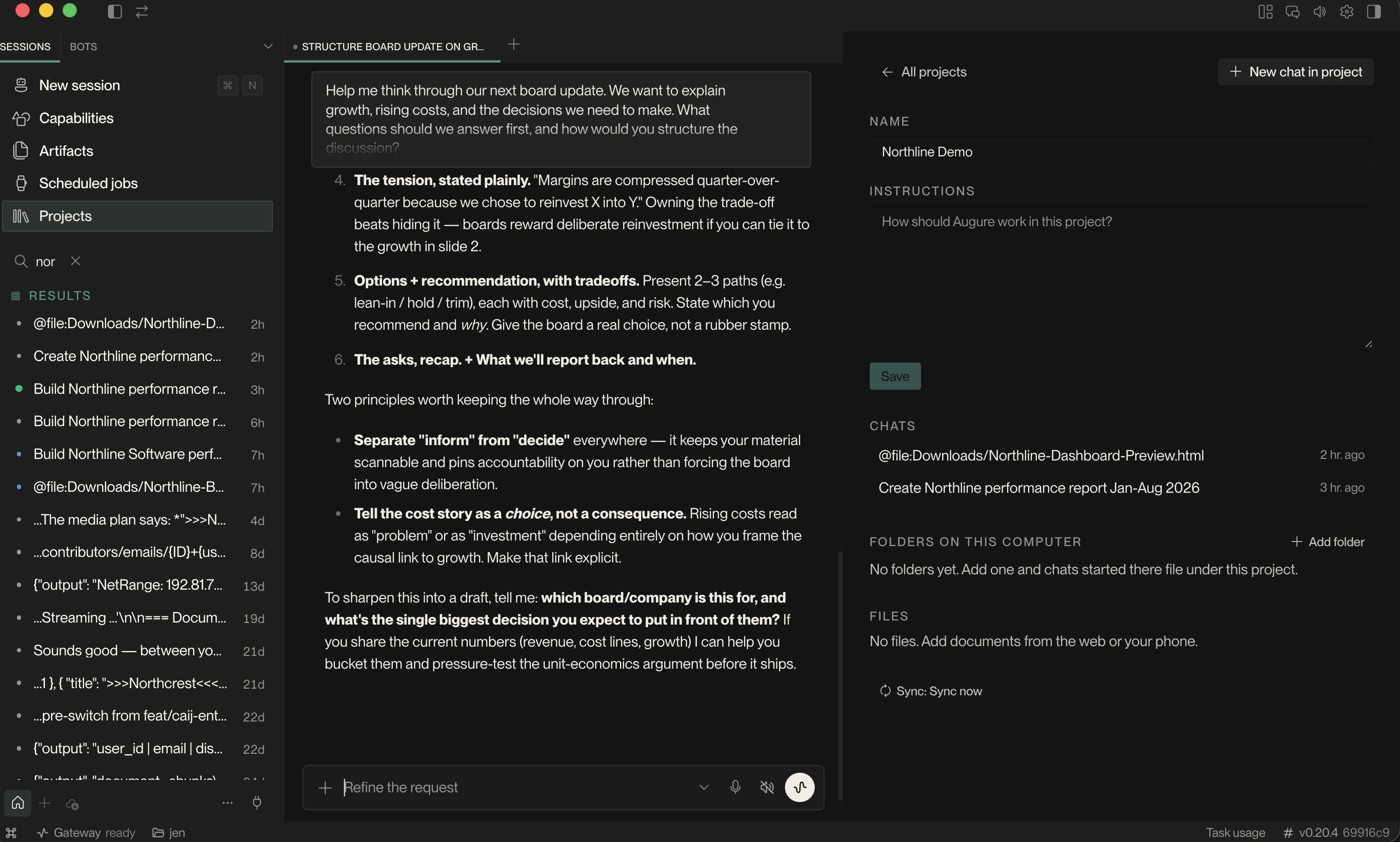 Northline Demo in Augure, with the workbook and presentation chats filed under the project.