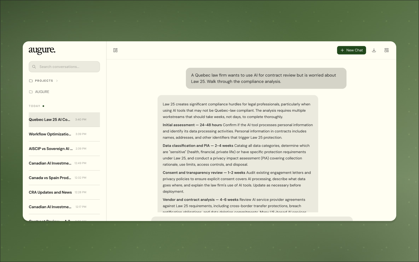 Augure Chat — analyse en raisonnement étendu des obligations contractuelles de la Loi 25 du Québec
