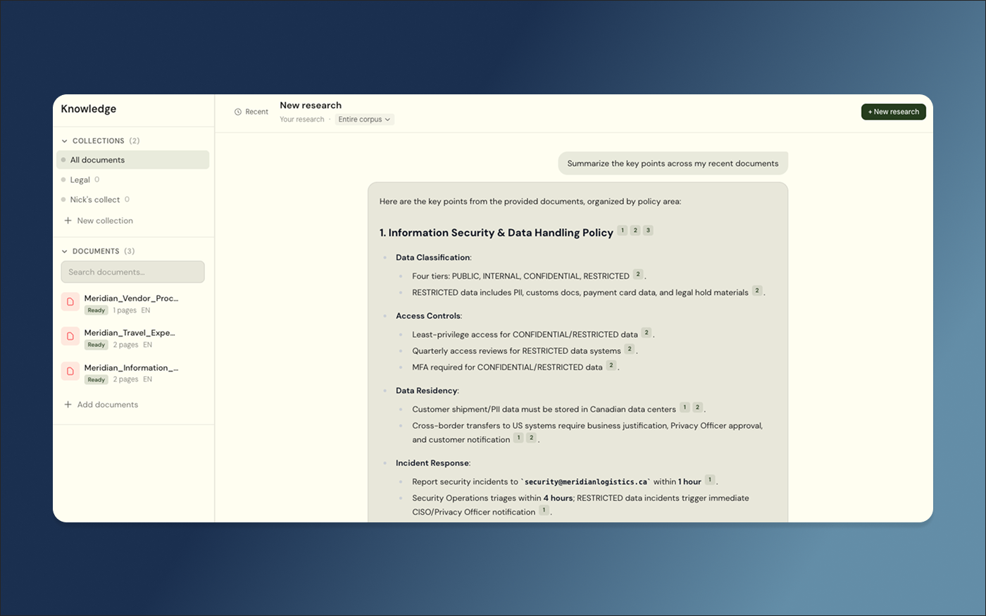 Knowledge collection with member-vendor documents and an information-security policy summary in the main pane