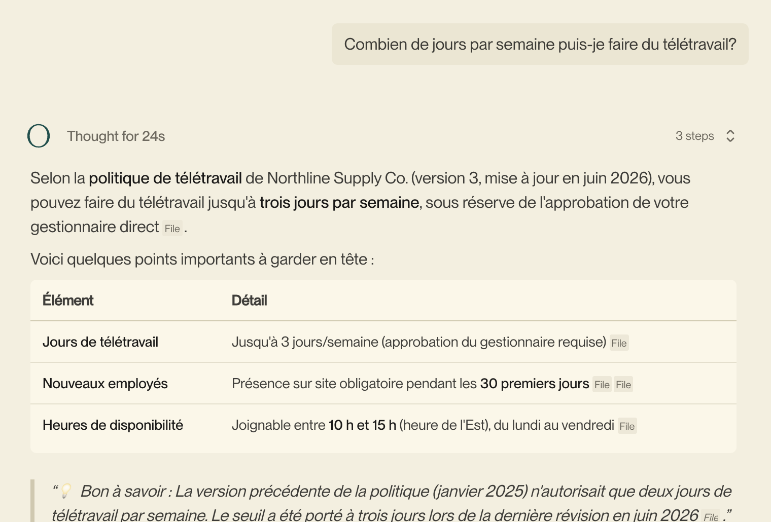 Oshan answering a French question about remote work from an English policy document, with citations after each claim.