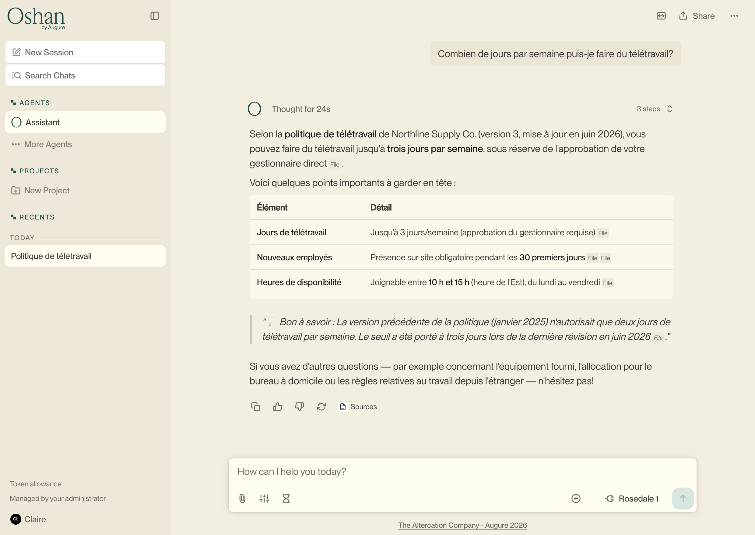 Oshan answering a French question about remote work from an English policy document, with citations after each claim.